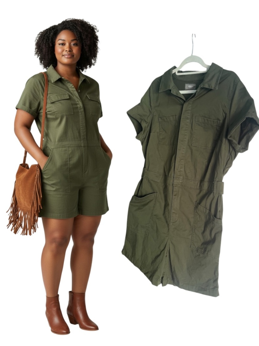 Torrid Size 10 Army Olive Green Utility Romper Short Sleeve Jumpsuit Pockets